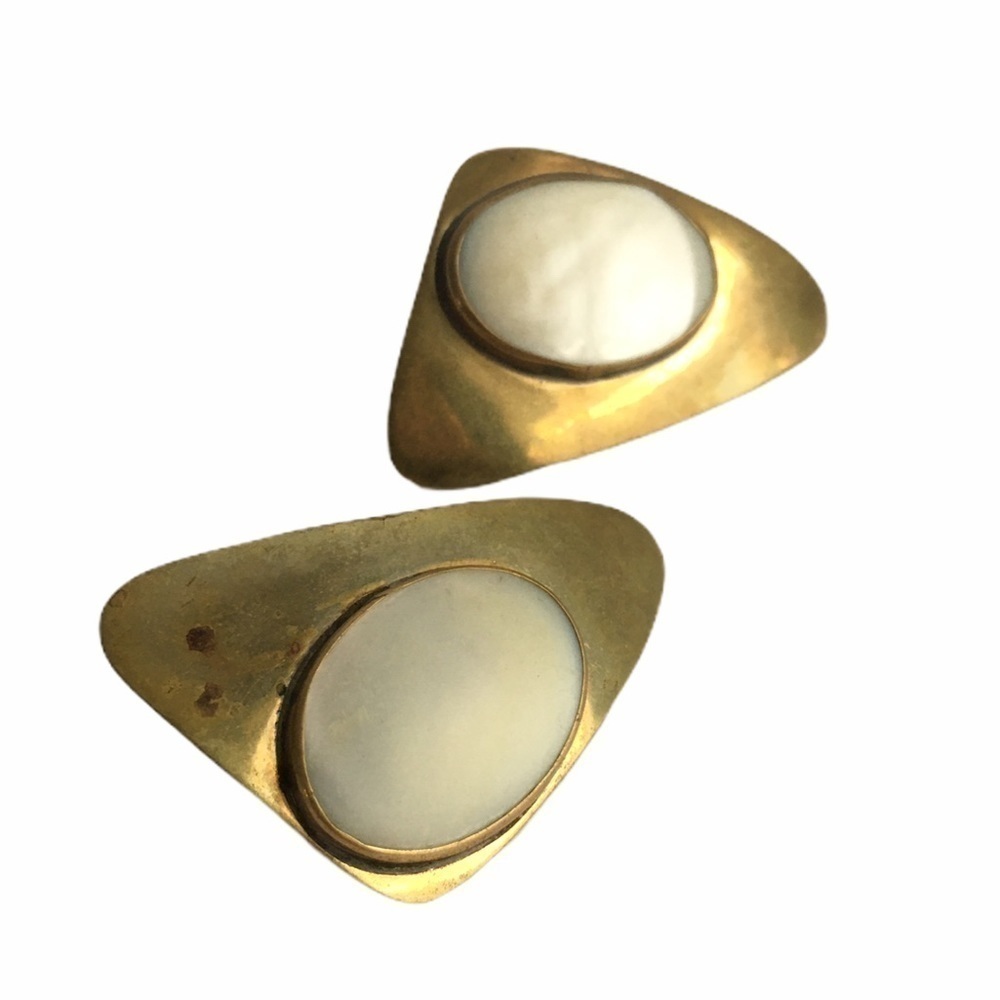 Vintage Modernist Earrings Brass Audrey Schenk Sculptural Maximalist Designer‎